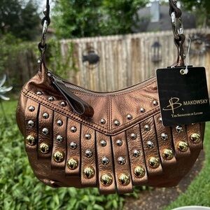 New ▶️ B Makowsky ◀️ Bronze Studded Fringe Leather Crossbody with Dustbag